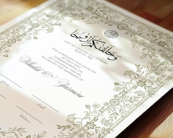 Certyfikat Nikkah Kwiatowy, Premium Islamska Umowa Ślubna, Nikah Nama, Muzułmański Certyfikat Małżeński, Spersonalizowane Nazwy, Umowa Nikah