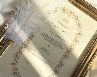 Nikah Certificate with Vintage Frame, Islamic Marriage Certificate, Personalised Muslim Wedding Nikkah Nama, Nikah Signing Set with Gold Pen