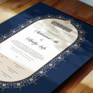 Certificato Nikkah di lusso, contratto di matrimonio islamico A4 premium, Nikah Nama, certificato di matrimonio musulmano, nomi personalizzati, versetto del Corano