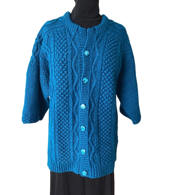 Hand knit turquoise cardigan elbow length sleeves