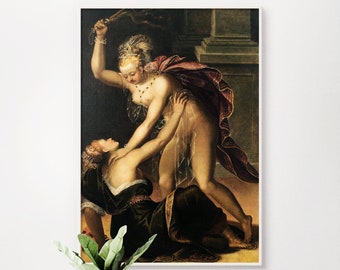 May include: A painting depicting two women in a dramatic scene. One woman is holding a whip and appears to be attacking the other woman, who is on the ground. The painting is set in a dark, shadowy room with a stone wall in the background.