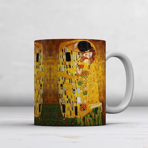 Gustav Klimt: Kyssen. Berömt konstverk Mugg/Kopp Utmärkt present till kontoret/hemmet. Populärt konsttryck på muggar Gåva, Romantik konstälskare Handgjord