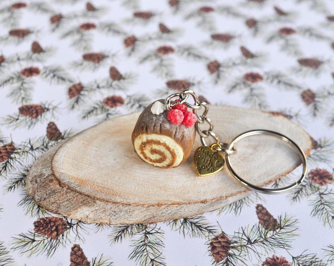 Two Raspberries Keychain Chocolate Yule Log Keychain With Icing Sugar, Whipped Cream and ...
