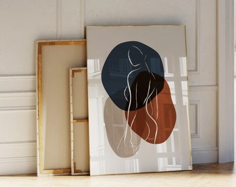 Minimalistischer Weiblicher Körper Druck, Weiße Linie Kunst, Beige Blaue Wand Dekor, Abstrakte Kunst Druck