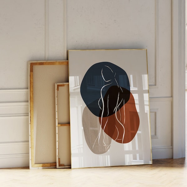 Minimalistic Female Body Print, White Line Art, Beige Blue Wall Decor, Abstract Art Print