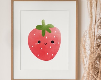 Strawberry Nursery Decor Print, Digital Download, Strawberry Red Fruit Illustration Wall Art Printable Art, Cute Boys Girls Bedroom Art