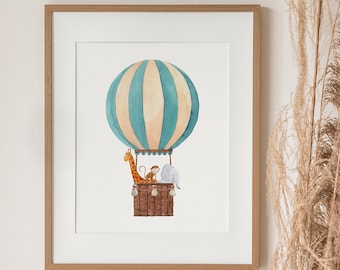 Blue Hot Air Balloon Print, Safari Animal Wall Art, Vintage Nursery Decor, Printable Travel Wall Art, Boys Girls Room Decor, Kids Room Decor