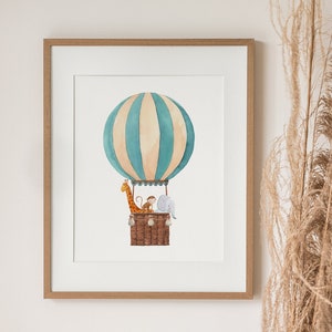 Impresión de globo aerostático azul, arte de pared de animales safari, decoración de guardería vintage, arte de pared de viaje imprimible, decoración de habitación para niños y niñas, decoración de habitación para niños