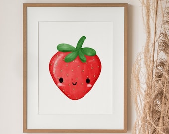 Aardbei kinderkamer decor print, digitale kunst downloaden, aardbei rood fruit illustratie muur kunst afdrukbare kunst, schattige jongens meisjes slaapkamer kunst