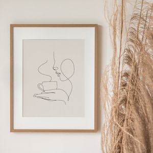 Beige Coffee Line Art Printable Wall Art, Modern Home Decor, Digital Download, Neutral Tones