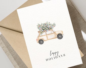 Tarjeta de Navidad digital minimalista Happy Holidays, simple y en blanco, descarga instantánea, ilustración del coche