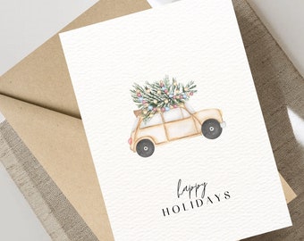 Digital Minimalistic Happy Holidays Christmas Card, Simple and Blank, Instant Download, Car Illustration