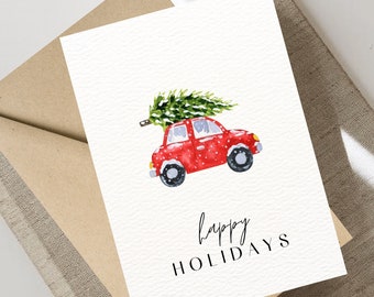 Digital Minimalistic Happy Holidays Christmas Card, Simple and Blank, Instant Download, Car Illustration