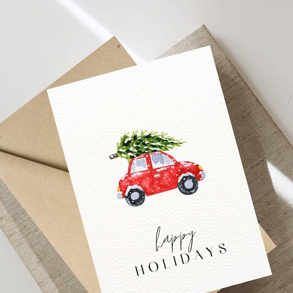 Digital Minimalistic Happy Holidays Christmas Card, Simple and Blank, Instant Download, Car Illustration