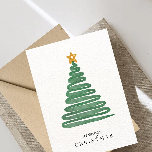 Digital Minimalistic Christmas Card, Blank Holiday Greeting, Christmas Tree Art, Printable Card