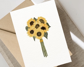 Carte de voeux imprimable simple de bouquet de tournesol, carte florale de fête des mères, carte vierge pliable, carte de voeux numérique, téléchargement numérique