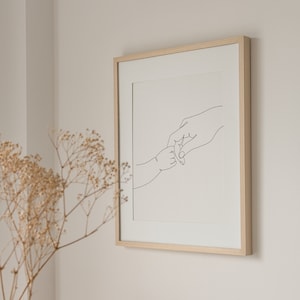 Impresión minimalista de mamá y bebé tomados de la mano, arte de pared imprimible, arte lineal, decoración de guardería