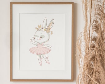 Ballerina Bunny Wall Art Print, Digital Nursery Decor, Pink Girls Room Decor, Neutral Bunny Art, Cute Gift for Kids