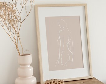 Neutrale minimalistische weibliche Körper Line Prints, Beige und Weiß Digitale Wandkunst, Minimalistisches Dekor