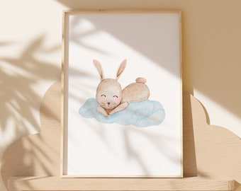Bunny Nursery Wall Art, Kids Room Decor, Printable Digital Poster, Bunny Nursery Prints, Boho Cute Decor, Watercolor Art, Childrens Prints