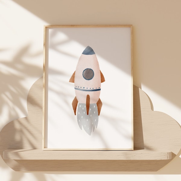 Space Print, Printable Rocket Wall Art, Beige Wall Art, Kids Room Art, Boho Nursery Decor, Neutral Room Decor