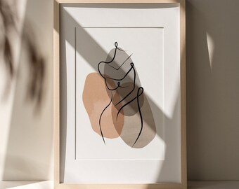 Frau Linie Body Art Poster, Beige Minimalistischer Druck, digitaler Download, Wand-Dekor