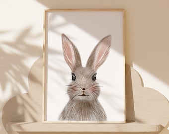Bunny Rabbit Wall Art Print, Woodland Animal Nursery Decor, Neutral Kids Room Poster, Printable Animal Digital Wall Art