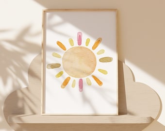 Arte del sol en acuarela, decoración linda de la habitación para niños, decoración de la guardería boho, decoración colorida de la sala de juegos