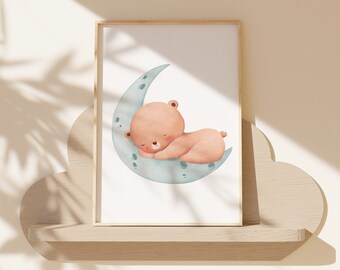 Bär Kinderzimmer Wandkunst, Mond Thema, druckbare minimalistische Kinderdekor, neutrale Farben, Teddy Wanddekor