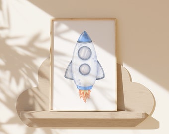 Space Print, Printable Rocket Wall Art, Colorful Blue Wall Art, Kids Room Art, Boho Nursery Decor, Neutral Room Deco