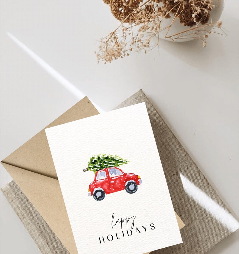 Digital Minimalistic Happy Holidays Christmas Card, Simple and Blank, Instant Download, Car Illustration zdjęcie 1