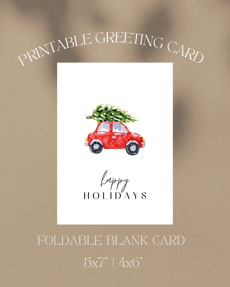 Digital Minimalistic Happy Holidays Christmas Card, Simple and Blank, Instant Download, Car Illustration zdjęcie 3