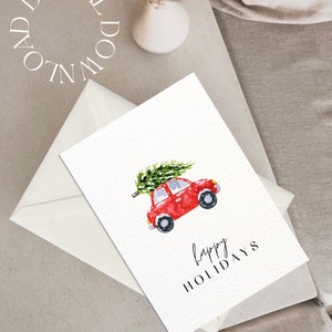 Digital Minimalistic Happy Holidays Christmas Card, Simple and Blank, Instant Download, Car Illustration zdjęcie 2