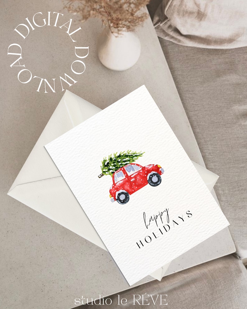 Digital Minimalistic Happy Holidays Christmas Card, Simple and Blank, Instant Download, Car Illustration zdjęcie 2