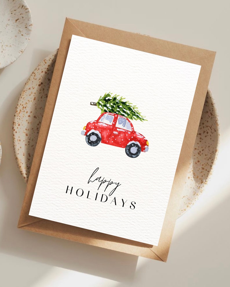 Digital Minimalistic Happy Holidays Christmas Card, Simple and Blank, Instant Download, Car Illustration zdjęcie 4