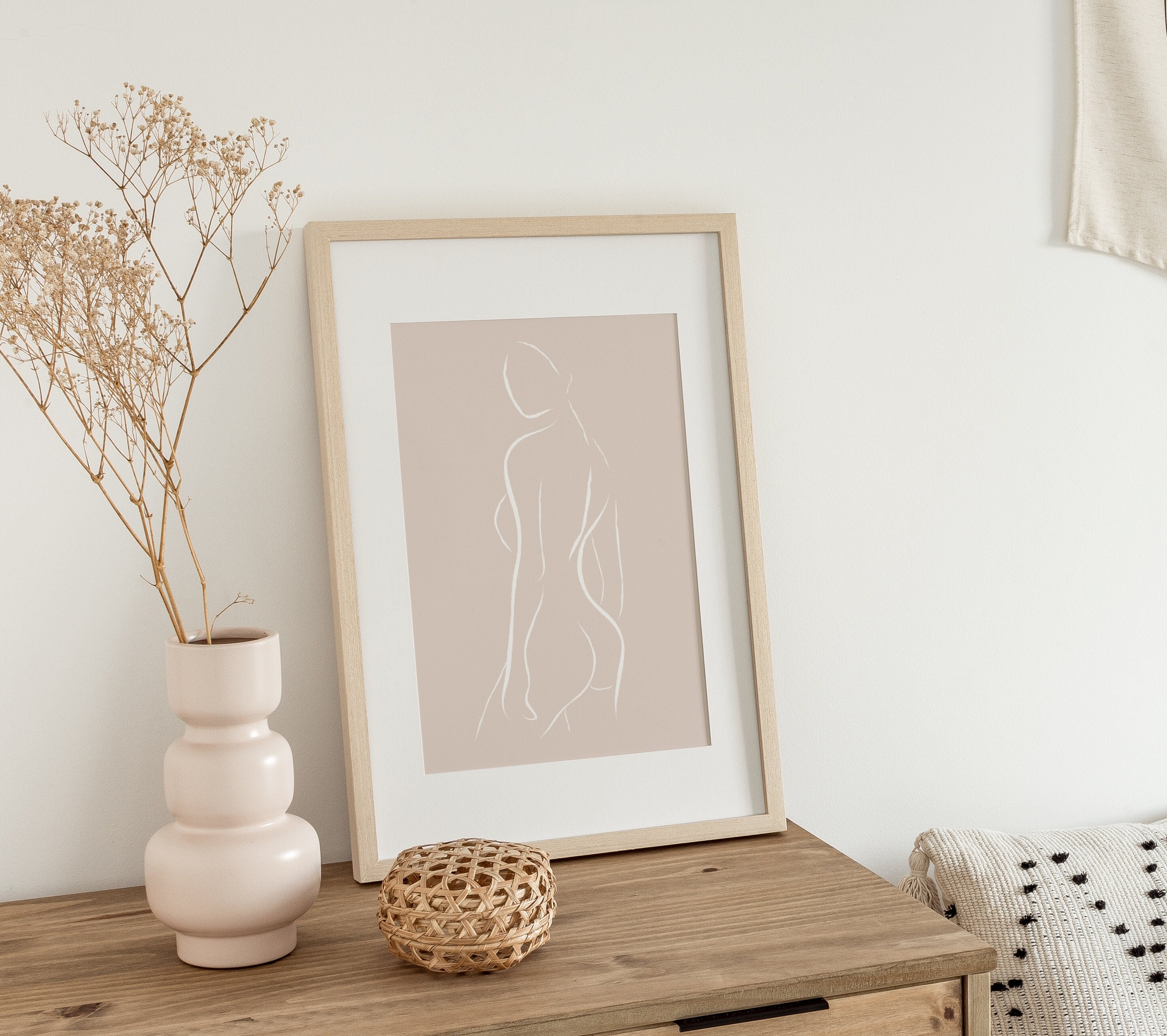 Neutral Minimalist Female Body Line Prints, Beige and White Digital ...