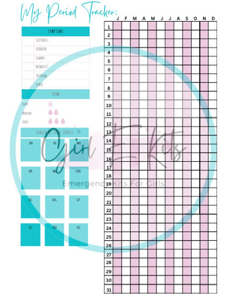 Girls First Period Tracker | Printable | Symptom Tracker | Cycle Tracker | Digital Download - Etsy