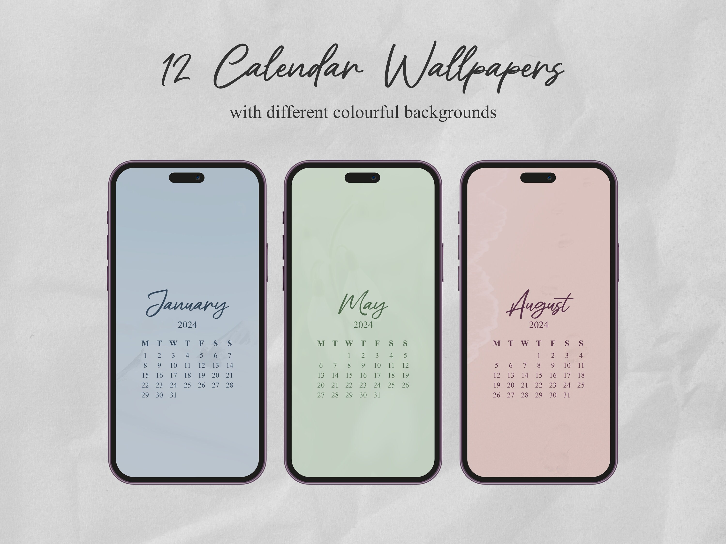 2024 Calendar Wallpaper With Different Colors per Month, Screensaver