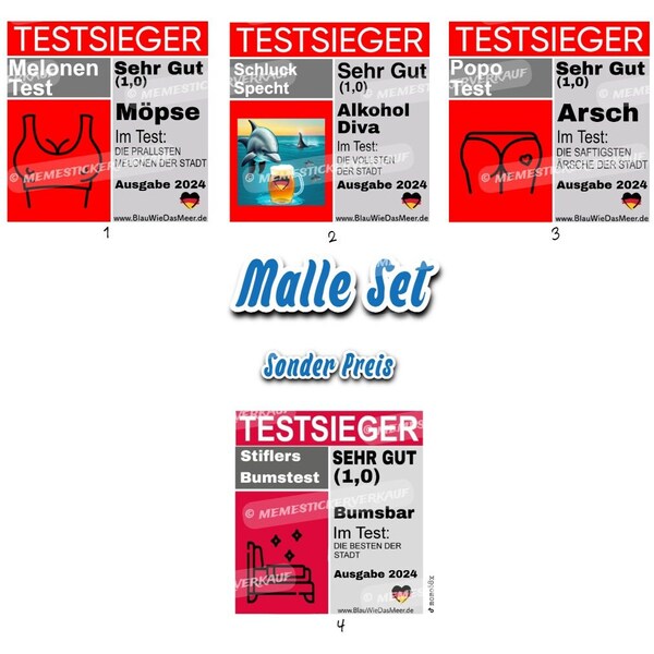 Testsieger 1,0 Stiftung Stiflers Aufkleber Popotest Melonentest Bumsbartest Mallorca Ballermann Set Kombi Paket