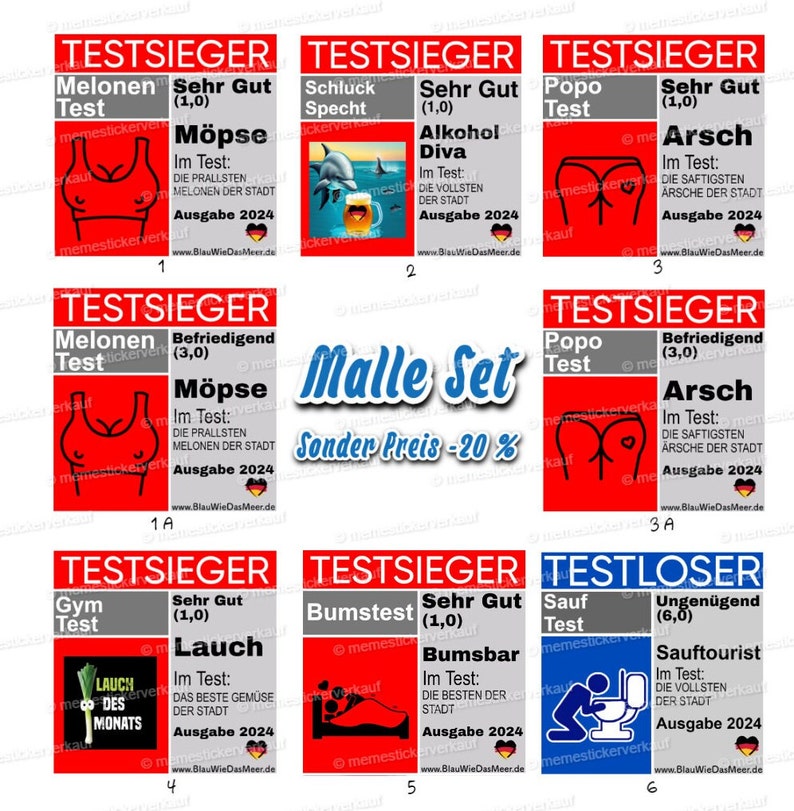 Testsieger Stiftung Stiflers Aufkleber Popotest Melonentest Bumsbartest Mallorca Ballermann Set Kombi Paket Bild 1