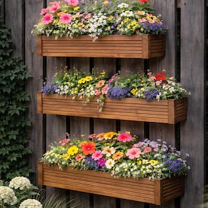 May include: Three wooden rectangular planters filled with colourful flowers are mounted on a weathered wooden fence. The flowers include pink, yellow, white, red, and purple blooms. The planters are a warm brown colour.