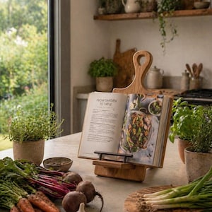 May include: A wooden cookbook stand displays an open cookbook with the text "FROM GARDEN TO TABLE." Fresh vegetables, including carrots, beetroot, and spring onions, are arranged on a countertop. Potted herbs and a wooden chopping board are also visible.