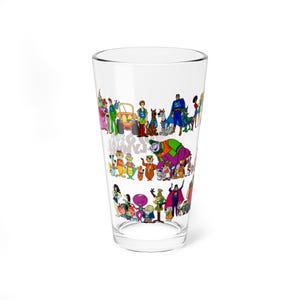 May include: Clear glass pint glass featuring colorful cartoon characters. The glass is decorated with various characters from different animated series, including superheroes, dogs, and other figures. The glass is transparent, allowing the contents to be visible.