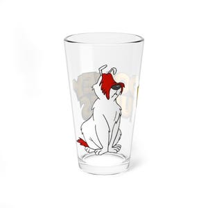 May include: Clear pint glass featuring a cartoon dog with white fur and red accents. The dog is sitting with its head tilted up. The glass has the text "YEAH DOOEY" in gold lettering.