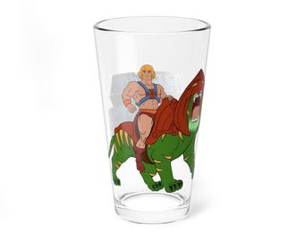 Vaso de pinta de He-Man y Battle Cat, 16 oz - Dibujos animados clásicos de la década de 1980 - Masters of the Universe