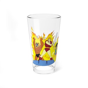 May include: A clear pint glass with a cartoon illustration of three characters in a fiery scene. The characters are in shades of red, yellow, and blue. The glass is a standard pint glass shape.