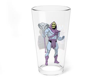 Vaso de pinta de Skeletor - Arte de Masters of the Universe - 473 ml (16 oz) - Regalo retro de MOTU - Dibujos animados de Filmation de los años 80 - Artículos de bar del villano de Snake Mountain