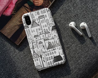 Illustrated Cityscape Tough phone case for Apple iPhone, Samsung Galaxy, Google Pixel, glossy or matte phone case