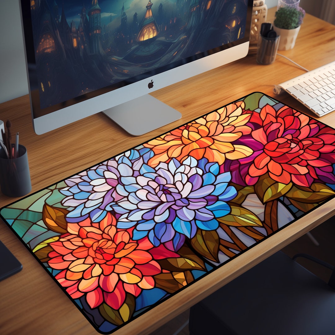 Stained Glass Dahlias Deskmat and Mousepad, Cute Accessories, Aesthetic
