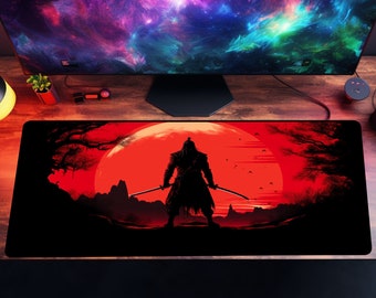 Red Samurai desk mat, fantasy art mousepad, cute accessories, aesthetic deskmat, desk pad, mouse pad, mousemat trendy workspace, xxl gaming